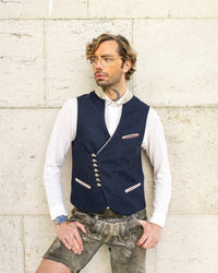 Trachtenweste Lukas - Vorderansicht, dunkelblau und beige, aus Loden mit Metallknöpfen